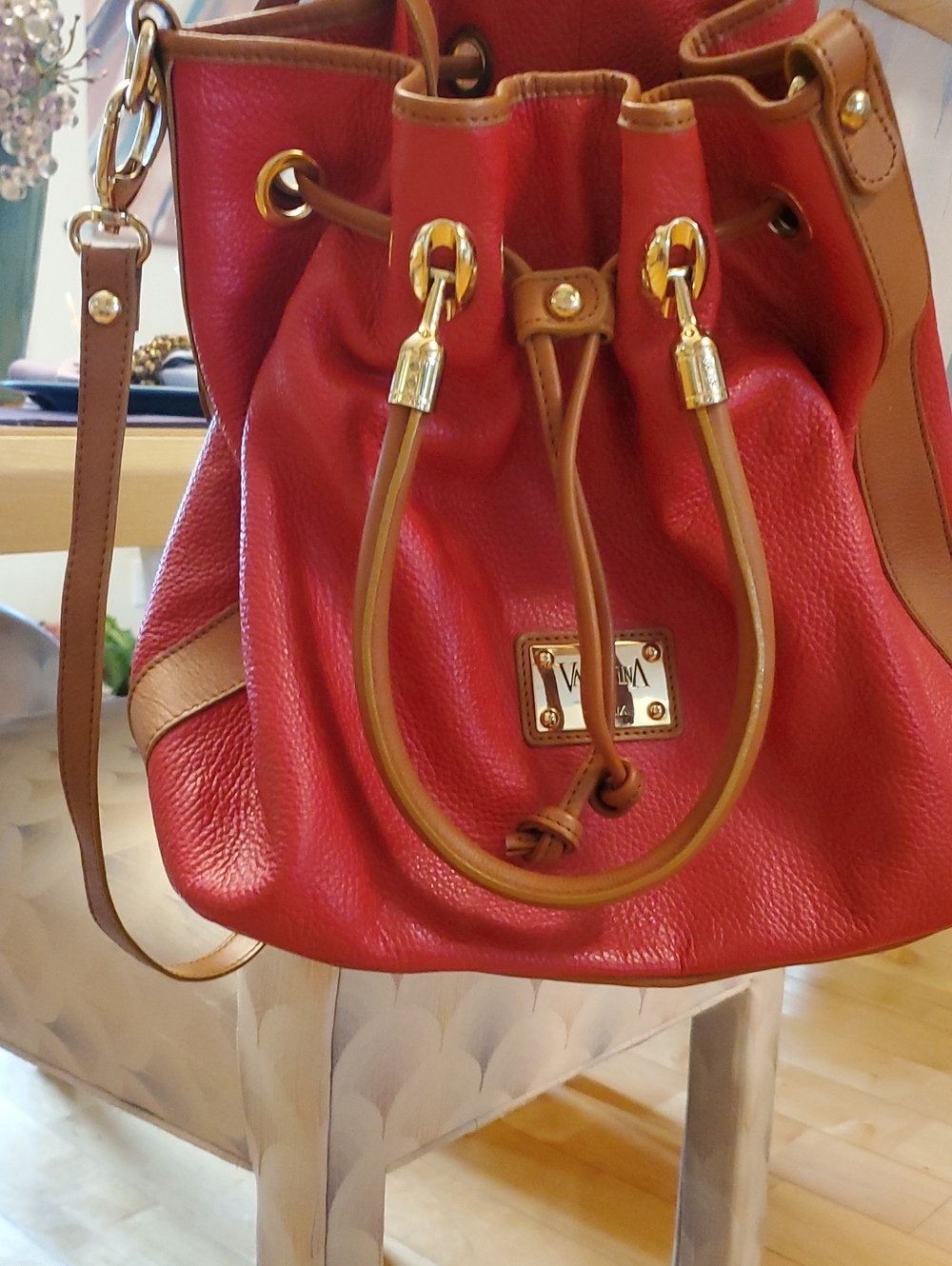 Valentino Soft Leather Red Drawstring Bucket Bag with Tan Trim Goldtone Hardware